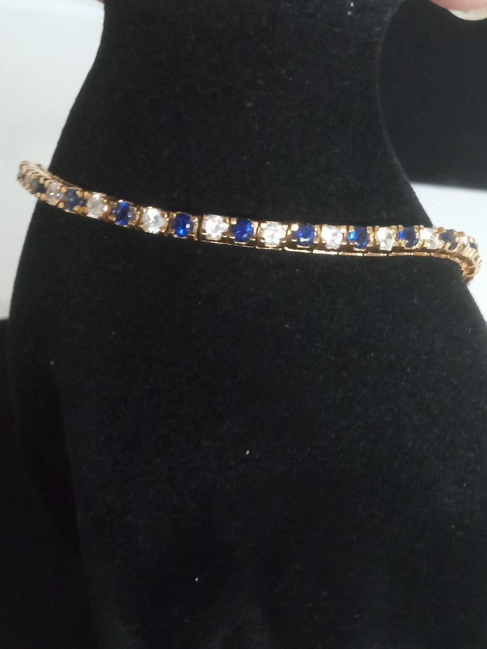 FAS Vintage Gold Over 925 Silver Tennis Bracelet with Blue and Clear Stones